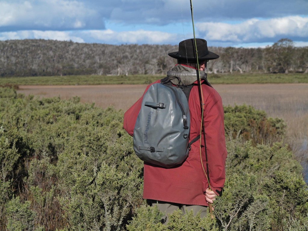 Aussie fly fishing author, Greg French, with his favourite Patagonia Stormfront backpack